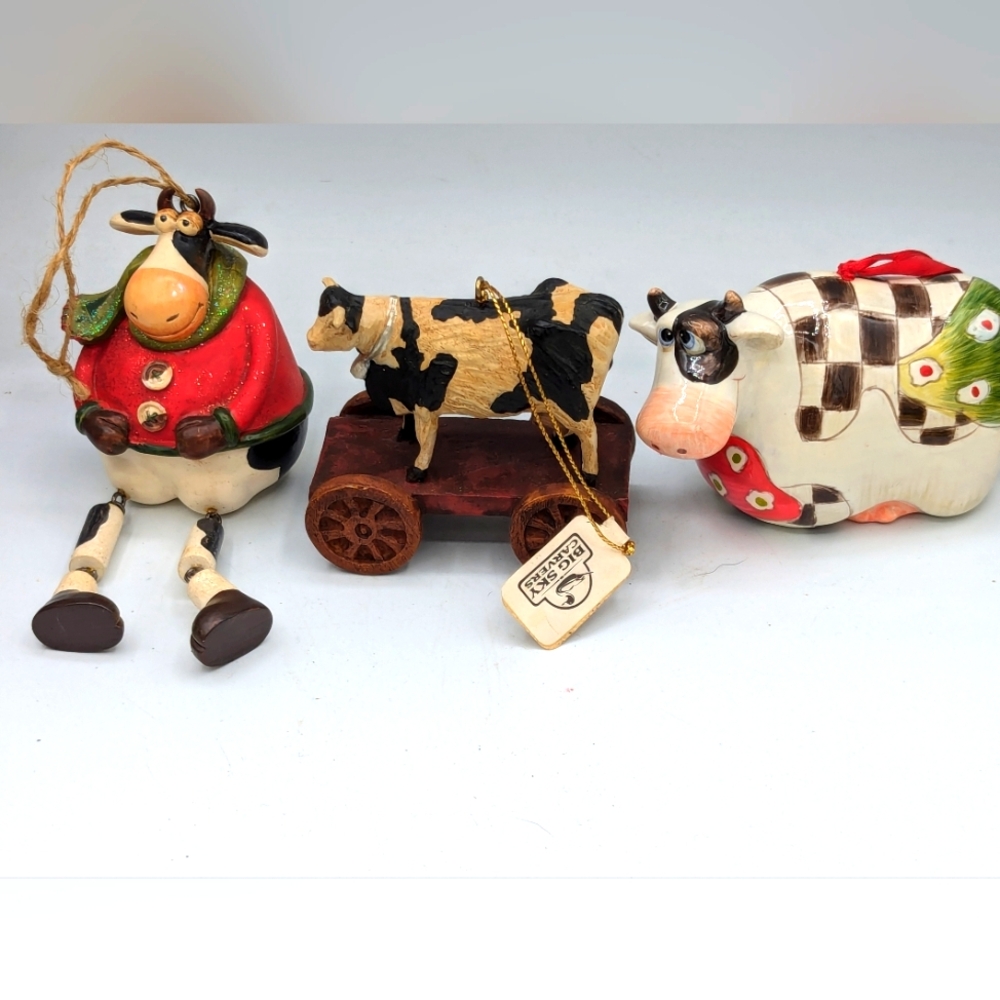 Three Country Farmyard Cow Ornaments